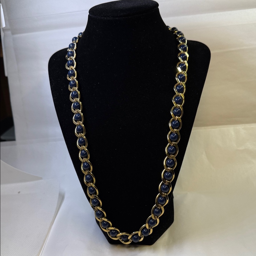 Napier Necklace 24 Inches Dark Blue Beaded Chunky Gold Tone Vintage Signed - Picture 3 of 8